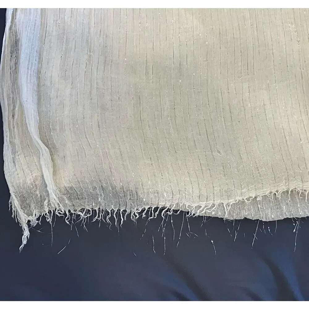 Sheer Cream Scarf with Raw Edge Hem and Silver Threads